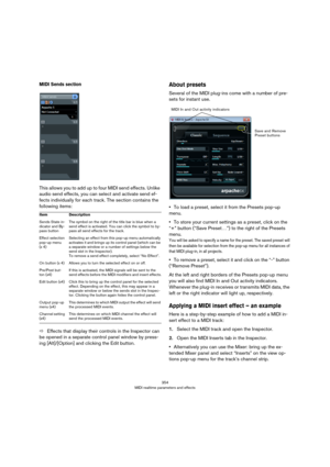 Page 354354
MIDI realtime parameters and effects
MIDI Sends section
This allows you to add up to four MIDI send effects. Unlike 
audio send effects, you can select and activate send ef
-
fects individually for each track. The section contains the 
following items:
ÖEffects that display their controls in the Inspector can 
be opened in a separate control panel window by press
-
ing [Alt]/[Option] and clicking the Edit button.
About presets
Several of the MIDI plug-ins come with a number of pre-
sets for instant...