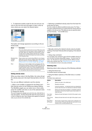 Page 383383
The MIDI editors
ÖTo determine another mode for the Line tool you can 
click on the Line tool and click again to open a pop-up 
menu where you can select the desired option.
The button will change appearance according to the se-
lected mode.
Setting velocity values
When you draw notes in the Key Editor, the notes will get 
the velocity value set in the Insert Velocity field on the tool
-
bar.
You can use different methods to set the velocity:
•When a tool modifier is assigned for the Select tool–...