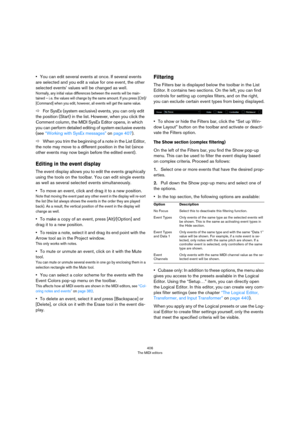 Page 406406
The MIDI editors
•You can edit several events at once. If several events 
are selected and you edit a value for one event, the other 
selected events’ values will be changed as well.
Normally, any initial value differences between the events will be main-tained – i. e. the values will change by the same amount. If you press [Ctrl]/
[Command] when you edit, however, all events will get the same value.
ÖFor SysEx (system exclusive) events, you can only edit 
the position (Start) in the list. However,...