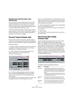 Page 467467
Editing tempo and signature
Exporting and importing tempo tracks 
(Cubase only)
You can export the current tempo track for use in other 
projects by selecting “Tempo Track” from the “Export” 
submenu of the File menu. This allows you to save the 
tempo track information (including time signature events) 
as a special XML file (file extension “.smt”).
To import a tempo track, select “Tempo Track” from the 
Import submenu of the File menu. Note that this replaces 
all tempo track data in the current...