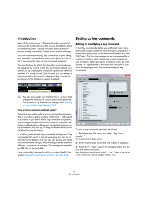 Page 542542
Key commands
Introduction
Most of the main menus in Cubase have key command 
shortcuts for certain items on the menus. In addition, there 
are numerous other Cubase functions that can be per
-
formed via key commands. These are all default settings.
You can customize existing key commands to your liking, 
and also add commands for many menu items and func
-
tions that currently have no key command assigned. 
You can find out for which functions key commands can 
be assigned by looking in the Key...