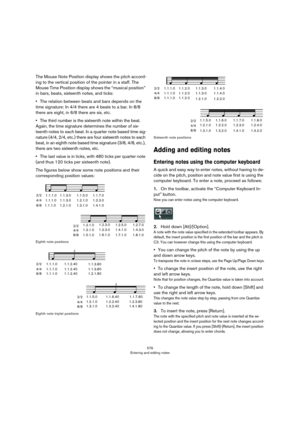 Page 576576
Entering and editing notes
The Mouse Note Position display shows the pitch accord-
ing to the vertical position of the pointer in a staff. The 
Mouse Time Position display shows the “musical position” 
in bars, beats, sixteenth notes, and ticks:
•The relation between beats and bars depends on the 
time signature: In 4/4 there are 4 beats to a bar. In 8/8 
there are eight, in 6/8 there are six, etc.
•The third number is the sixteenth note within the beat. 
Again, the time signature determines the...