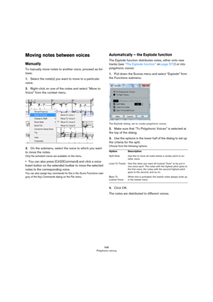 Page 598598
Polyphonic voicing
Moving notes between voices
Manually
To manually move notes to another voice, proceed as fol-
lows:
1.Select the note(s) you want to move to a particular 
voice.
2.Right-click on one of the notes and select “Move to 
Voice” from the context menu.
3.On the submenu, select the voice to which you want 
to move the notes.
Only the activated voices are available on the menu.
•You can also press [Ctrl]/[Command] and click a voice 
Insert button on the extended toolbar to move the...