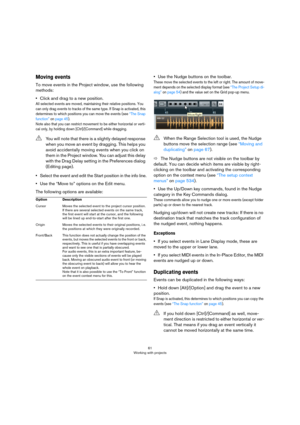 Page 6161
Working with projects
Moving events
To move events in the Project window, use the following 
methods:
•Click and drag to a new position.
All selected events are moved, maintaining their relative positions. You 
can only drag events to tracks of the same type. If Snap is activated, this 
determines to which positions you can move the events (see 
“The Snap 
function” on page 45). 
Note also that you can restrict movement to be either horizontal or verti-cal only, by holding down [Ctrl]/[Command] while...
