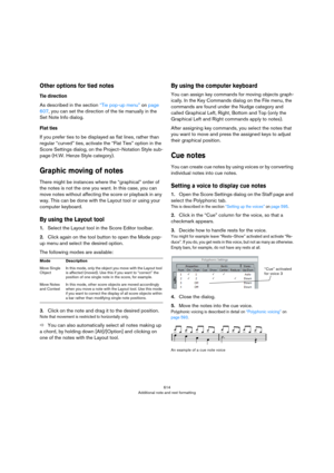 Page 614614
Additional note and rest formatting
Other options for tied notes
Tie direction
As described in the section “Tie pop-up menu” on page 
607, you can set the direction of the tie manually in the 
Set Note Info dialog.
Flat ties
If you prefer ties to be displayed as flat lines, rather than 
regular “curved” ties, activate the “Flat Ties” option in the 
Score Settings dialog, on the Project–Notation Style sub
-
page (H.W. Henze Style category).
Graphic moving of notes
There might be instances where the...