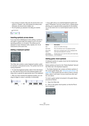 Page 625625
Working with symbols
• If you choose to include a help note, the second note is con-
verted to a “Graphic” note, with brackets but without stem. 
Otherwise, the second note is hidden, too.
• The trill symbols you selected in the dialog are inserted.
Inserting symbols across staves
If you hold down [Alt]/[Option] while adding a symbol to 
one staff in a grand staff, this symbol is put in at corre
-
sponding positions on all staves. This allows you for 
example to insert rehearsal marks, repeats, etc....