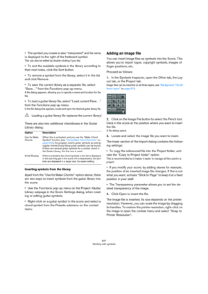 Page 627627
Working with symbols
•The symbol you create is also “interpreted” and its name 
is displayed to the right of the fretboard symbol.
This can also be edited by double-clicking if you like.
•To sort the available symbols in the library according to 
their root notes, click the Sort button.
•To remove a symbol from the library, select it in the list 
and click Remove.
•To save the current library as a separate file, select 
“Save…” from the Functions pop-up menu.
A file dialog appears, allowing you to...