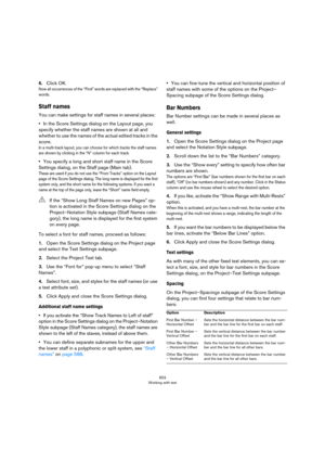 Page 653653
Working with text
6.Click OK.
Now all occurrences of the “Find” words are replaced with the “Replace” 
words.
Staff names
You can make settings for staff names in several places:
•In the Score Settings dialog on the Layout page, you 
specify whether the staff names are shown at all and 
whether to use the names of the actual edited tracks in the 
score.
In a multi-track layout, you can choose for which tracks the staff names 
are shown by clicking in the “N” column for each track.
•You specify a long...