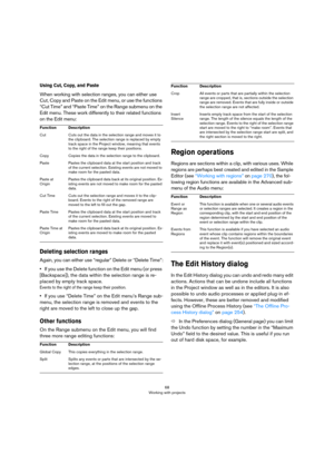 Page 6868
Working with projects
Using Cut, Copy, and Paste
When working with selection ranges, you can either use 
Cut, Copy and Paste on the Edit menu, or use the functions 
“Cut Time” and “Paste Time” on the Range submenu on the 
Edit menu. These work differently to their related functions 
on the Edit menu:
Deleting selection ranges
Again, you can either use “regular” Delete or “Delete Time”:
•If you use the Delete function on the Edit menu (or press 
[Backspace]), the data within the selection range is re...