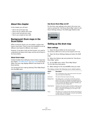 Page 677677
Scoring for drums
About this chapter
In this chapter you will learn:
• How to set up the drum map.
• How to set up a staff for drum notes.
• How to enter and edit drum notes.
• How to use a single line drum staff.
Background: Drum maps in the 
Score Editor
When scoring for drums, you can assign a unique note 
head to each pitch. There is even the possibility to set up 
different note heads for different note values!
However, to be able to fully use this function, you need to 
understand a bit about...