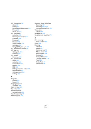 Page 708708
Index
VST Connections 26
About 26
Editing 34
Exclusive port assignment 175
Presets 29
Studio tab 174
VST instruments
Activating 208
Browsing for sounds 213
Channels 208
Freezing 211
Presets 212
Saving presets 215
Setting up 207
Using VST System Link 507
VST Performance window 24
VST plug-ins
Getting info 204
Installing 203
VST presets
Removing 333
VST System Link
About 501
Activating 503
Connections 501
Latency 502
MIDI 505
Putting computers online 504
Requirements 501
Setting up sync 502
Settings...