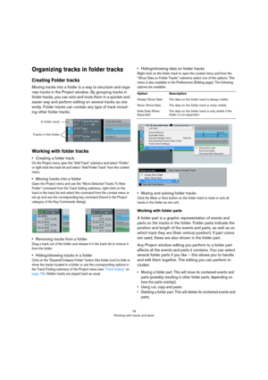 Page 7979
Working with tracks and lanes
Organizing tracks in folder tracks
Creating Folder tracks
Moving tracks into a folder is a way to structure and orga-
nize tracks in the Project window. By grouping tracks in 
folder tracks, you can solo and mute them in a quicker and 
easier way and perform editing on several tracks as one 
entity. Folder tracks can contain any type of track includ
-
ing other folder tracks.
Working with folder tracks
•Creating a folder track
On the Project menu open the “Add Track”...