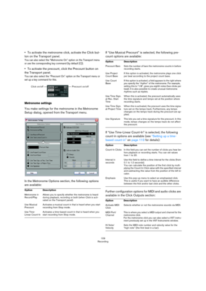 Page 109109
Recording
•To activate the metronome click, activate the Click but-
ton on the Transport panel. 
You can also select the “Metronome On” option on the Transport menu 
or use the corresponding key command (by default [C]). 
•To activate the precount, click the Precount button on 
the Transport panel.
You can also select the “Precount On” option on the Transport menu or 
set up a key command for this.
Metronome settings
You make settings for the metronome in the Metronome 
Setup dialog, opened from the...