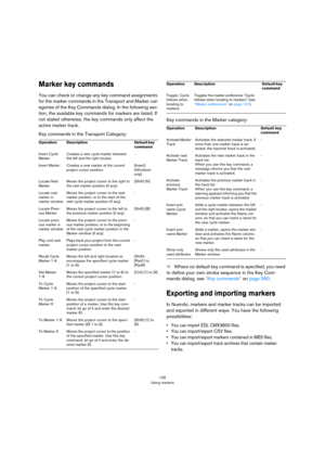 Page 145145
Using markers
Marker key commands
You can check or change any key command assignments 
for the marker commands in the Transport and Marker cat
-
egories of the Key Commands dialog. In the following sec-
tion, the available key commands for markers are listed. If 
not stated otherwise, the key commands only affect the 
active marker track.
Key commands in the Transport Category:
Key commands in the Marker category:
ÖWhere no default key command is specified, you need 
to define your own stroke...