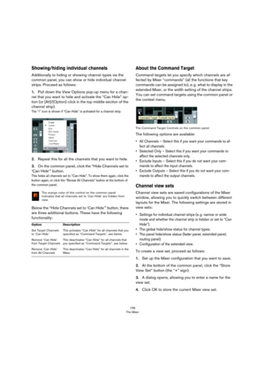 Page 156156
The Mixer
Showing/hiding individual channels
Additionally to hiding or showing channel types via the 
common panel, you can show or hide individual channel 
strips. Proceed as follows:
1.Pull down the View Options pop-up menu for a chan-
nel that you want to hide and activate the “Can Hide” op-
tion (or [Alt]/[Option]-click in the top middle section of the 
channel strip).
The “/” icon is shown if “Can Hide” is activated for a channel strip.
2.Repeat this for all the channels that you want to hide....
