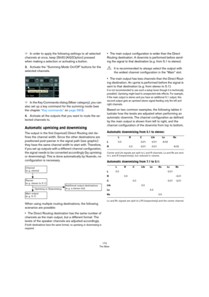 Page 173173
The Mixer
ÖIn order to apply the following settings to all selected 
channels at once, keep [Shift]-[Alt]/[Option] pressed 
when making a selection or activating a button.
3.Activate the “Summing Mode On/Off” buttons for the 
selected channels.
ÖIn the Key Commands dialog (Mixer category), you can 
also set up a key command for the summing mode (see 
the chapter 
“Key commands” on page 580).
4.Activate all the outputs that you want to route the se-
lected channels to.
Automatic upmixing and...