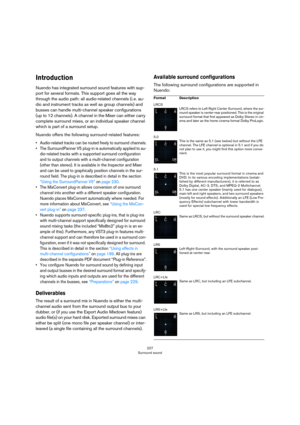 Page 227227
Surround sound
Introduction
Nuendo has integrated surround sound features with sup-
port for several formats. This support goes all the way 
through the audio path: all audio-related channels (i.
 e. au-
dio and instrument tracks as well as group channels) and 
busses can handle multi-channel speaker configurations 
(up to 12 channels). A channel in the Mixer can either carry 
complete surround mixes, or an individual speaker channel 
which is part of a surround setup.
Nuendo offers the following...