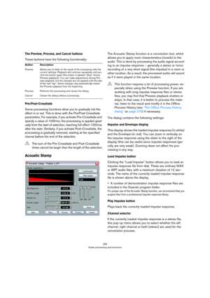 Page 265265
Audio processing and functions
The Preview, Process, and Cancel buttons
These buttons have the following functionality:
Pre/Post-Crossfade
Some processing functions allow you to gradually mix the 
effect in or out. This is done with the Pre/Post-Crossfade 
parameters. For example, if you activate Pre-Crossfade and 
specify a value of 1000
 ms, the processing is applied grad-
ually from the start of selection, reaching full effect 1000 ms 
after the start. Similarly, if you activate Post-Crossfade,...