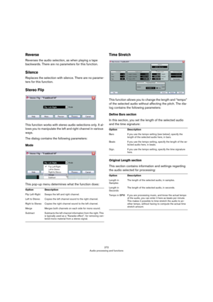 Page 272272
Audio processing and functions
Reverse
Reverses the audio selection, as when playing a tape 
backwards. There are no parameters for this function.
Silence
Replaces the selection with silence. There are no parame-
ters for this function.
Stereo Flip
This function works with stereo audio selections only. It al-
lows you to manipulate the left and right channel in various 
ways. 
The dialog contains the following parameters:
Mode
 
This pop-up menu determines what the function does:
Time Stretch
This...