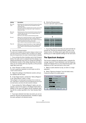 Page 279279
Audio processing and functions
2.Click the Compute button.
The audio event is analyzed, and the waveform display is redrawn to indi-cate which sections are considered “silent” according to your settings. 
Above the Compute button, the number of detected regions is displayed.
ÖIf you activate the Auto checkbox next to the Compute 
button, the audio event is analyzed (and the display is up
-
dated) automatically every time you change the settings in 
the Detection section of the dialog. Deactivate this...