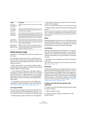Page 290290
The Sample Editor
Editing selection ranges
Selections in the Sample Editor can be processed in sev-
eral ways. 
If you attempt to edit an event that is a shared copy (i. e. 
the event refers to a clip that is used by other events in the 
project), you are asked whether you want to create a new 
version of the clip.
•Select “New Version” if you want the editing to affect 
the selected event only. Select “Continue” if you want the 
editing to affect all shared copies.
ÖIf you activate the “Please,...