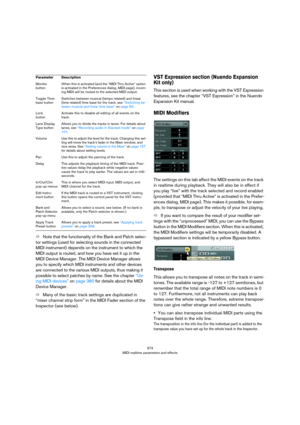 Page 374374
MIDI realtime parameters and effects
ÖNote that the functionality of the Bank and Patch selec-
tor settings (used for selecting sounds in the connected 
MIDI instrument) depends on the instrument to which the 
MIDI output is routed, and how you have set it up in the 
MIDI Device Manager. The MIDI Device Manager allows 
you to specify which MIDI instruments and other devices 
are connected to the various MIDI outputs, thus making it 
possible to select patches by name. See the chapter 
“Us-
ing MIDI...