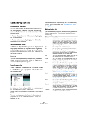 Page 425425
The MIDI editors
List Editor operations
Customizing the view
You can click and drag the divider between the list and 
the event display to make one area wider and the other 
narrower. Furthermore, the list can be customized in the 
following ways:
•You can change the order of the columns by dragging 
the column headings.
•You can resize columns by dragging the dividers be-
tween the column headings.
Setting the display format
Just like in the Project window, you set the display format 
(bars+beats,...
