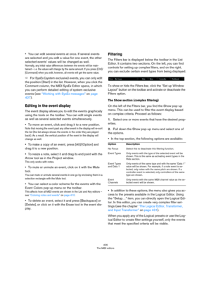 Page 426426
The MIDI editors
•You can edit several events at once. If several events 
are selected and you edit a value for one event, the other 
selected events’ values will be changed as well.
Normally, any initial value differences between the events will be main-tained – i. e. the values will change by the same amount. If you press [Ctrl]/
[Command] when you edit, however, all events will get the same value.
ÖFor SysEx (system exclusive) events, you can only edit 
the position (Start) in the list. However,...