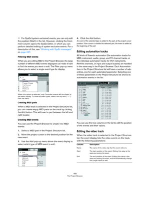 Page 468468
The Project Browser
ÖFor SysEx (system exclusive) events, you can only edit 
the position (Start) in the list. However, clicking the Com
-
ment column opens the SysEx Editor, in which you can 
perform detailed editing of system exclusive events. For a 
description of this, see 
“Working with SysEx messages” 
on page 427.
Filtering MIDI events
When you are editing MIDI in the Project Browser, the large 
number of different MIDI events displayed can make it hard 
to find the events you want to edit....