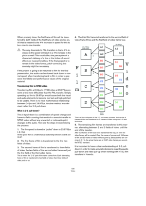 Page 530530
Video
When properly done, the first frame of film will be trans-
ferred to both fields of the first frame of video and so on. 
All that is needed is the 4
 % increase in speed for this to 
be a one-to-one transfer. 
If the project is going to be returned to film for the final 
presentation, the audio can be slowed back down to nor
-
mal speed when transferring back to film in order to pre-
serve the fidelity and performance values of the original 
material.
Transferring film to NTSC video...