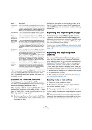 Page 562562
File handling
•It is also possible to import a MIDI file from disk by drag-
ging and dropping it from the Windows Explorer or the 
Mac OS Finder into the Project window. The Import Op
-
tions apply as well.
Support for the Yamaha XF data format
Nuendo supports the Yamaha XF format. XF is an exten-
sion of the standard MIDI file format that allows saving of 
song-specific data with a MIDI file of type 0.
When importing a MIDI file containing XF data, this data is 
placed in parts on separate tracks...