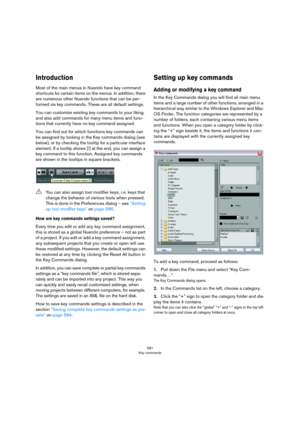 Page 581581
Key commands
Introduction
Most of the main menus in Nuendo have key command 
shortcuts for certain items on the menus. In addition, there 
are numerous other Nuendo functions that can be per
-
formed via key commands. These are all default settings.
You can customize existing key commands to your liking, 
and also add commands for many menu items and func
-
tions that currently have no key command assigned. 
You can find out for which functions key commands can 
be assigned by looking in the Key...