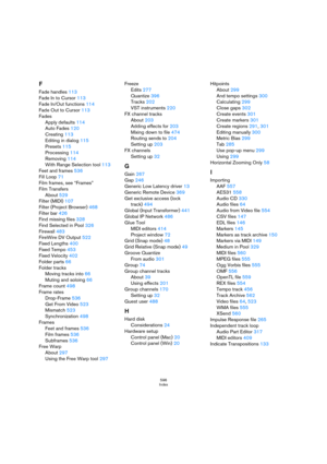 Page 596596
Index
F
Fade handles 113
Fade In to Cursor 113
Fade In/Out functions 114
Fade Out to Cursor 113
Fades
Apply defaults 114
Auto Fades 120
Creating 113
Editing in dialog 115
Presets 115
Processing 114
Removing 114
With Range Selection tool 113
Feet and frames 536
Fill Loop 71
Film frames, see “Frames”
Film Transfers
About 529
Filter (MIDI) 107
Filter (Project Browser) 468
Filter bar 426
Find missing files 328
Find Selected in Pool 326
Firewall 483
FireWire DV Output 522
Fixed Lengths 400
Fixed Tempo...