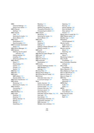 Page 599599
Index
MIDI
Channel Settings 174
Extract from Audio 311
MIDI Channel
Settings 104
MIDI channel
“Any” 104
Selecting for tracks 104
Send effects 378
MIDI clock
Destinations 507
Synchronization 500
MIDI Controller Automation 
Setup 262
MIDI Device Manager 381
MIDI devices
Defining new for patch 
selection 382
Editing patches 384
Installing 382
Selecting patches 384
MIDI effects
About 377
Deactivating 379
Inserts 377
Presets 378
Sends 378
MIDI files 560
MIDI filter 107
MIDI Input
MIDI editors 416
Sample...