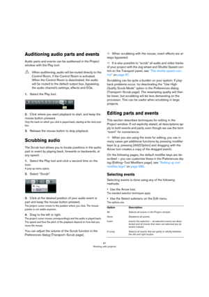 Page 6767
Working with projects
Auditioning audio parts and events
Audio parts and events can be auditioned in the Project 
window with the Play tool:
1.Select the Play tool.
2.Click where you want playback to start, and keep the 
mouse button pressed.
Only the track on which you click is played back, starting at the click posi-
tion. 
3.Release the mouse button to stop playback.
Scrubbing audio
The Scrub tool allows you to locate positions in the audio 
part or event by playing back, forwards or backwards, at...