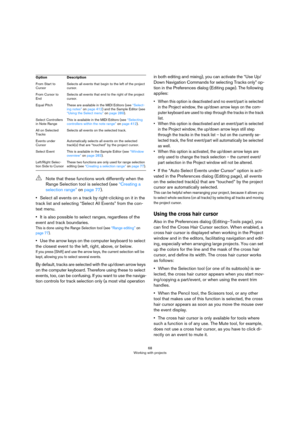 Page 6868
Working with projects
•Select all events on a track by right-clicking on it in the 
track list and selecting “Select All Events” from the con
-
text menu.
•It is also possible to select ranges, regardless of the 
event and track boundaries.
This is done using the Range Selection tool (see “Range editing” on 
page 77).
•Use the arrow keys on the computer keyboard to select 
the closest event to the left, right, above, or below.
If you press [Shift] and use the arrow keys, the current selection will be...