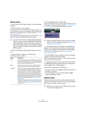 Page 6969
Working with projects
Moving events
To move events in the Project window, use the following 
methods:
•Click and drag to a new position.
All selected events are moved, maintaining their relative positions. You 
can only drag events to tracks of the same type. If Snap is activated, this 
determines to which positions you can move the events (see 
“The Snap 
function” on page 48). 
Note also that you can restrict movement to be either horizontal or verti-cal only, by holding down [Ctrl]/[Command] while...