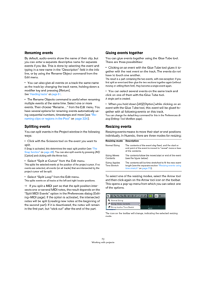 Page 7272
Working with projects
Renaming events
By default, audio events show the name of their clip, but 
you can enter a separate descriptive name for separate 
events if you like. This is done by selecting the event and 
typing in a new name in the “Description” field in the info 
line, or by using the Rename Object command from the 
Edit menu.
•You can also give all events on a track the same name 
as the track by changing the track name, holding down a 
modifier key and pressing [Return].
See “Handling...