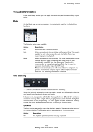 Page 110110
Editing Zones in the Sound EditorThe AudioWarp Section
The AudioWarp Section
In the AudioWarp section, you can apply time stretching and formant shifting to your 
audio.
Mode
On the Mode pop-up menu, you select the mode that is used for the AudioWarp 
functions.
The following options are available:
Time Stretching
•Click the On button to activate or deactivate time stretching.
When this button is activated, you can play back a sample at a different pitch than the 
root key without changing its tempo...