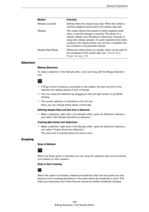 Page 150150
Editing Samples in the Sample EditorGeneral Operations
Selections
Making Selections
To make a selection in the Sample editor, click and drag with the Range Selection 
tool.
•If Snap to Zero Crossing is activated on the toolbar, the start and end of the 
selection are always placed at zero crossings.
•You can resize the selection by dragging its left and right border or by [Shift]-
clicking.
•The current selection is indicated on the info line. 
Here, you can change these values numerically.
Defining...