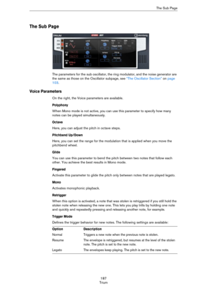 Page 187187
TriumThe Sub Page
The Sub Page
The parameters for the sub oscillator, the ring modulator, and the noise generator are 
the same as those on the Oscillator subpage, see 
“The Oscillator Section” on page 
103.
Voice Parameters
On the right, the Voice parameters are available.
Polyphony
When Mono mode is not active, you can use this parameter to specify how many 
notes can be played simultaneously.
Octave
Here, you can adjust the pitch in octave steps.
Pitchbend Up/Down
Here, you can set the range for...