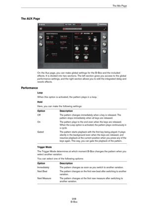 Page 208208
B-BoxThe Mix Page
The AUX Page
On the Aux page, you can make global settings for the B-Box and the included 
effects. It is divided into two sections. The left section gives you access to the global 
performance settings, and the right section allows you to edit the integrated delay and 
reverb effects.
Performance
Loop
When this option is activated, the pattern plays in a loop.
Hold
Here, you can make the following settings:
Trigger Mode
The Trigger Mode determines at which moment B-Box changes the...