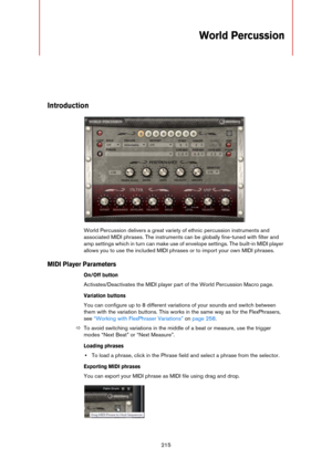 Page 215215
World Percussion
Introduction
World Percussion delivers a great variety of ethnic percussion instruments and 
associated MIDI phrases. The instruments can be globally fine-tuned with filter and 
amp settings which in turn can make use of envelope settings. The built-in MIDI player 
allows you to use the included MIDI phrases or to import your own MIDI phrases.
MIDI Player Parameters
On/Off button
Activates/Deactivates the MIDI player part of the World Percussion Macro page.
Variation buttons
You can...