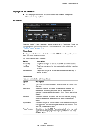 Page 262262
MIDI Modules ReferenceThe MIDI Player Module
Playing Back MIDI Phrases
•Click the play button next to the phrase field to play back the MIDI phrase.
Click again to stop playback.
Parameters
Several of the MIDI Player parameters are the same as for the FlexPhraser. These are 
not described in the following sections. For a description of these parameters, see 
“The FlexPhraser” on page 254.
Trigger Mode
The Trigger Mode determines at which moment the MIDI Player changes the phrase 
when you select...
