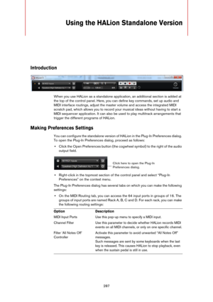 Page 287287
Using the HALion Standalone Version
Introduction
When you use HALion as a standalone application, an additional section is added at 
the top of the control panel. Here, you can define key commands, set up audio and 
MIDI interface routings, adjust the master volume and access the integrated MIDI 
scratch pad, which allows you to record your musical ideas without having to start a 
MIDI sequencer application. It can also be used to play multitrack arrangements that 
trigger the different programs of...