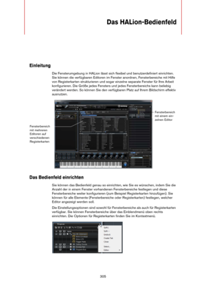 Page 305305
Das HALion-Bedienfeld
Einleitung
Die Fensterumgebung in HALion lässt sich flexibel und benutzerdefiniert einrichten. 
Sie können die verfügbaren Editoren im Fenster anordnen, Fensterbereiche mit Hilfe 
von Registerkarten strukturieren und sogar einzelne separate Fenster für Ihre Arbeit 
konfigurieren. Die Größe jedes Fensters und jedes Fensterbereichs kann beliebig 
verändert werden. So können Sie den verfügbaren Platz auf Ihrem Bildschirm effektiv 
ausnutzen.
Das Bedienfeld einrichten
Sie können das...