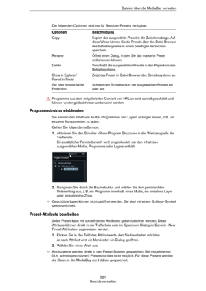 Page 321321
Sounds verwaltenDateien über die MediaBay verwalten
Die folgenden Optionen sind nur für Benutzer-Presets verfügbar:
Programmstruktur einblenden
Sie können den Inhalt von Multis, Programmen und Layern anzeigen lassen, z. B. um 
einzelne Komponenten zu laden.
Gehen Sie folgendermaßen vor:
1.Aktivieren Sie den Schalter »Show Program Structure« in der Werkzeugzeile der 
Trefferliste.
Ein zusätzlicher Fensterbereich wird eingeblendet, der den Inhalt des 
ausgewählten Multis, Programms oder Layers...
