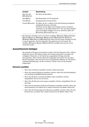 Page 334334
Den Program Tree verwendenAuswahlbereiche festlegen
ÖDie folgenden Variablen sind nur für Zonen verfügbar: $(Sample), $(SampleFolder), 
$(Zone), $(KeyLow), $(KeyHigh), $(KeyLowText), $(KeyHighText), $(VelLow), 
$(VelHigh), $(RootKey) und $(RootKeyText). Wenn Sie eine dieser Variablen auf Text 
in Layern anwenden, wird der gefundene Text gelöscht und nicht ersetzt. Die 
Variablen $(Program), $(Layer), $(Date), $(Time) und $(Counter) können immer 
verwendet werden.
Auswahlbereiche festlegen
Die Auswahl...