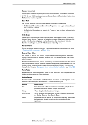 Page 349349
Globale Funktionen und EinstellungenDer Options-Editor
Restore Screen Set
Diese Option stellt das zugehörige Screen-Set beim Laden eines Multis wieder her.
ÖIn VST-2- oder AU-Umgebungen werden Screen-Sets und Fenster beim Laden eines 
Multis immer wiederhergestellt.
Solo-Modi
Sie können zwischen zwei Solo-Modi wählen: Standard und Exclusive.
•Im Standard-Modus können Sie mehrere Programme oder Layer soloschalten, um 
sie zusammen zu hören. 
•Im Exclusive-Modus kann nur jeweils ein Programm bzw. ein...