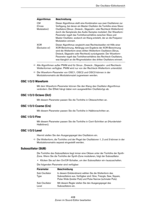 Page 408408
Zonen im Sound-Editor bearbeitenDer Oscillator-Editorbereich
ÖAlle Algorithmen außer PWM sind für Sinus-, Dreieck-, Sägezahn- und Rechteck-
Wellenformen verfügbar. PWM wird nur von der Rechteck-Wellenform unterstützt.
ÖDie Waveform-Parameter von OSC1, OSC2 und OSC3 können in der 
Modulationsmatrix als Modulationsziel zugewiesen werden.
OSC 1/2/3 Waveform
Mit dem Waveform-Parameter können Sie den Klang des Oszillator-Algorithmus 
verändern. Der Effekt hängt dabei vom ausgewählten Oszillatortyp ab.
OSC...